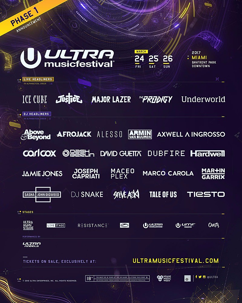 【Ultra Miami 2017】の第一弾ラインアップ発表、プロディジー/アンダーワールド/アイス・キューブ/メジャー・レイザーら出演