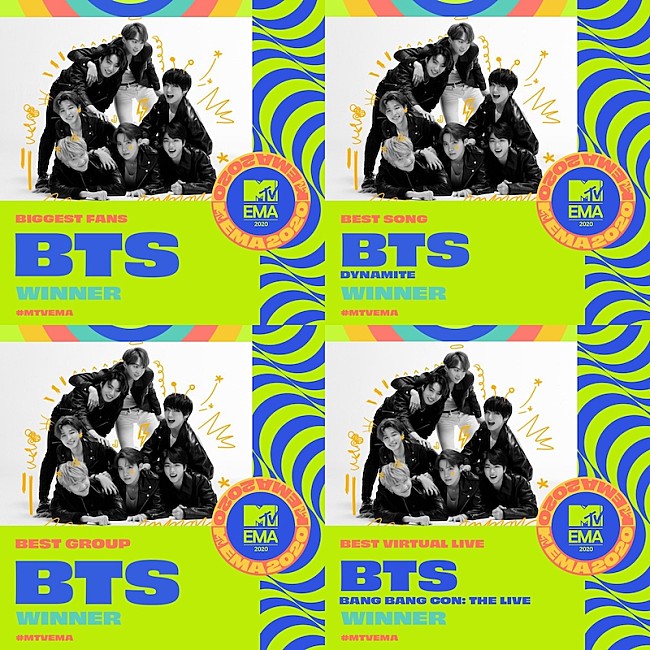 「BTSが【2020 MTV Europe Music Awards】で4冠獲得」1枚目/2
