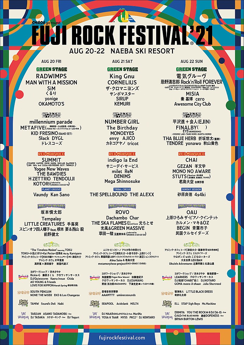 【FUJI ROCK FESTIVAL '21】最終ラインナップ＆タイムテーブル発表