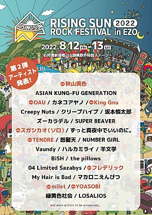 「【RISING SUN ROCK FESTIVAL】第2弾でKing Gnu、スガシカオ、TENDRE、YOASOBIら8組」