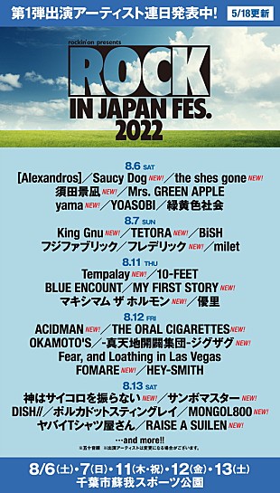 「【ROCK IN JAPAN FESTIVAL 2022】にKing Gnu／Saucy Dog／須田景凪／yama／Tempalayら18組追加＜5/19訂正＞」