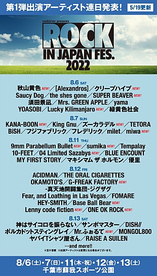 「【ROCK IN JAPAN FESTIVAL 2022】にONE OK ROCK／フォーリミ／ビーバー／クリープ／sumika／KANA-BOONら15組追加」