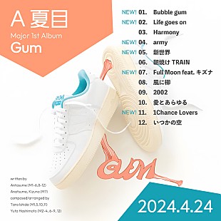 「A夏目、メジャー1stアルバム『Gum』のトラックリスト発表」