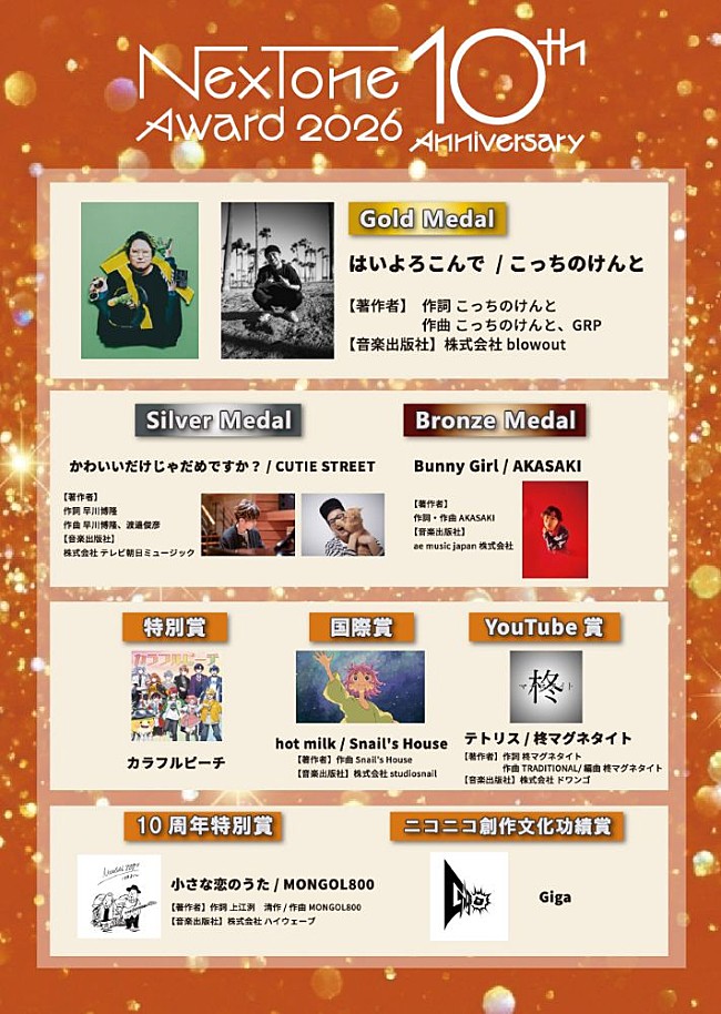 「【NexTone Award 2026】受賞作品／アーティスト発表、 こっちのけんと「はいよろこんで」がGold Medal受賞」1枚目/13